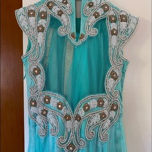 Baby blue/turquoise churidar with handwork rhinestones and pearls
